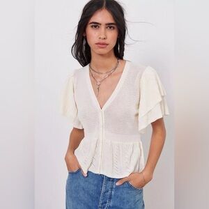 ba&sh Acacio Pointelle Knit Short Sleeve Cardigan NWT